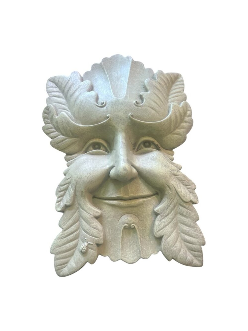 Green Man Wall Plaque Garden Sculpture Heavy Stone 10in Tree Spirit Ladybug Deco